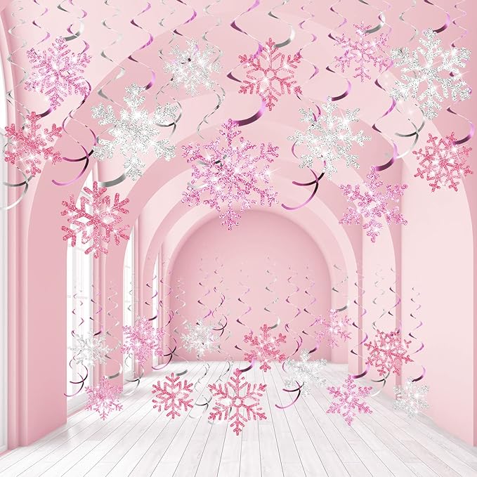 Sumind 30 Pcs Winter Party Wonderland Decorations Snowflake Hanging Swirls Ceiling Decor Winter Baby Shower Streamers Christmas Hanging Decor Holiday Birthday Wedding Party Supplies(Pink, Silver)