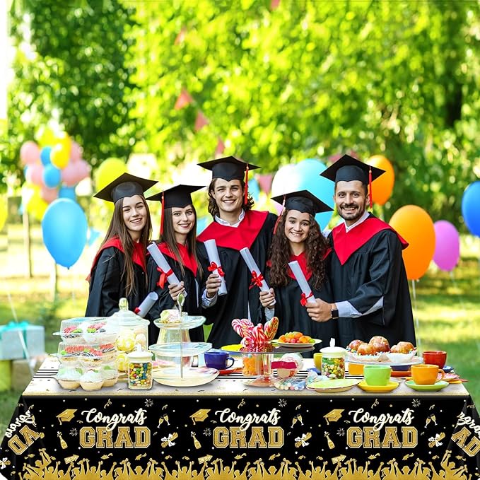 chiazllta Set of 3 Graduation Tablecloths Class of 2025 Congrats Grad Black Graduation Party Tablecover Decorations Party Supplies Large Size Plastic 54"x108"(Black & Gold)