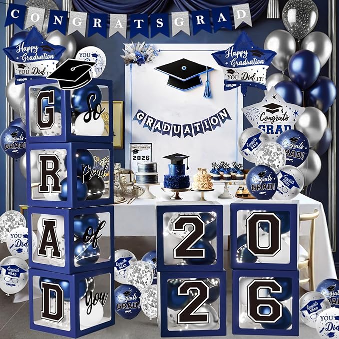 Navy Blue Graduation Decorations Class of 2026 - Balloons Boxes with Letters 2026 GRAD So Proud of You - Complete Party Supplies for High School & College Celebrations