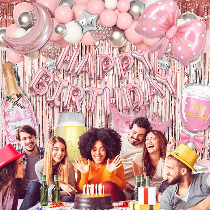 Ouddy Life Pink Happy Birthday Party Decorations for Women Girls, Pink Happy Birthday Love Crown Bow Bottle Lipstick Balloons Fringe Curtain for Princess Birthday Wedding Baby Shower Party Supplies