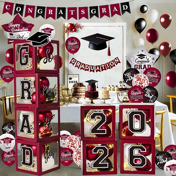 Maroon Themed 2026 Graduation Decorations Set - Balloons Boxes with Letters 2026 GRAD So Proud of You - Complete Party Supplies for High School & College Celebrations