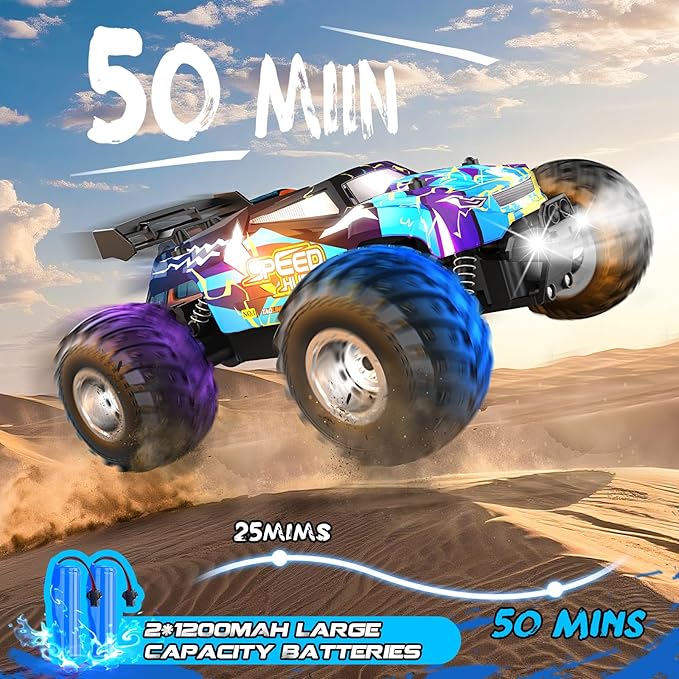 Remote Control Car, 2WD Off-Road Rc Truck, 20 KM/H All-Terrain RC Cars with Headlights & Body Lights, 2.4GHz, 2 Batteries, Remote Control Car for Boys 4-7 8-12, Gift Toys for Boys Girls