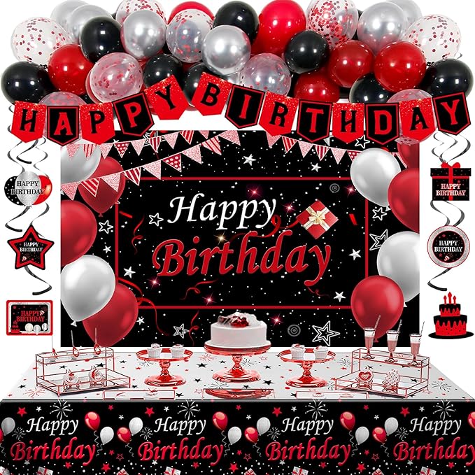 Black and Red Birthday Decorations for Men Women Boys Girls, Black and Red Party Decorations Happy Birthday Banner Backdrop Confetti Silver Balloons Arch Hanging Swirls Party Supplies Tablecloth