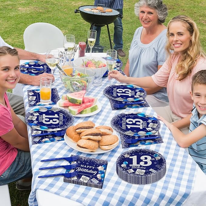 gisgfim 96 PCS 13th Birthday Party Supplies 13th Birthday Plates and Napkins Official Teen 13th Tableware Blue and Silver Dinnerware Set 13 Years Old Party Decorations Favors for Boys Girls Serve 24