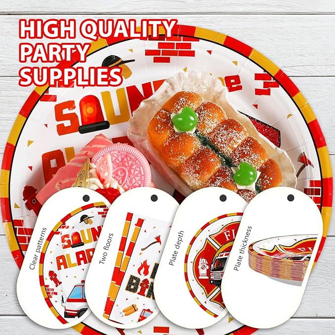 Grencian 96Pcs 5th Fire Truck Birthday Party Supplies Sound the Alarm 5th Birthday Plates and Napkins Tableware Set Red White Decoration for 5 Years Old Fire Theme Fireman Firetruck Serve 24