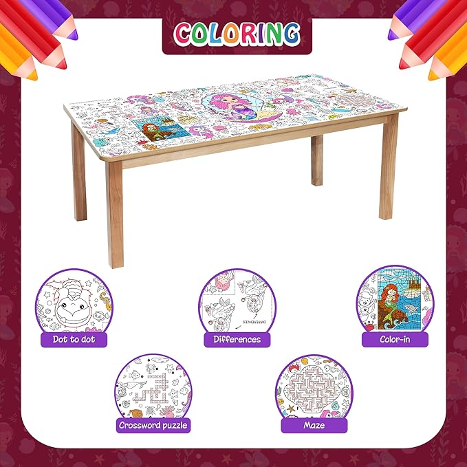 Mermaid Coloring Tablecloth for Kids, 30x72 Inch Poster with Mermaids, Seashells, Underwater Scenes, Idea for Mermaid Party Games for Girls, Sea Decorations, Classroom Fun, Event Supplies