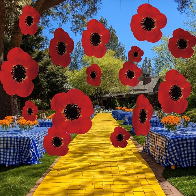Preboun 20 Pcs Wizard Party Hanging Red Poppy Flowers Decorations, Artificial Poppy Flowers Banner Ceiling Decor for Classroom Wizard Birthday Shower Party Favor Supplies(Red,Flower)