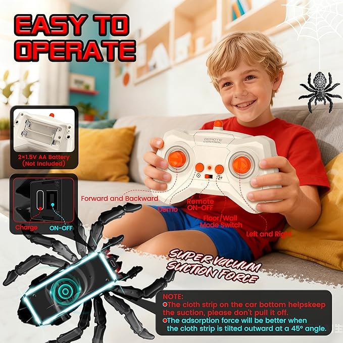 Wall Climbing Remote Control Spider Robot Toys, Climbs Walls&Ceilings|360°Stunts, 2.4GHz Remote|Gifts for Kids 3-12 Year Olds|Spider-Themed Prank Toy, STEM Educational Tech Toy for Indoor&Outdoor Play