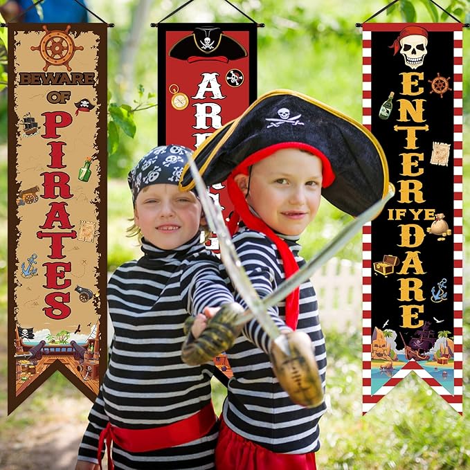3 Pcs Pirate Banners Beware of Pirate Porch Sign Treasure Hunt Hanging Flags Skull Halloween Party Decorations Birthday Photo Props Backdrop Supplies for Outdoor Door Wall Yard Camping
