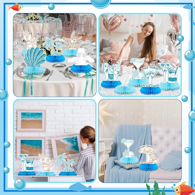 12 Pcs Last Toast on the Coast Party Decorations Coastal Bachelorette Honeycomb Table Centerpieces Blue Bachelorette Table Topper Decoration for Coast Party Favors Supplies