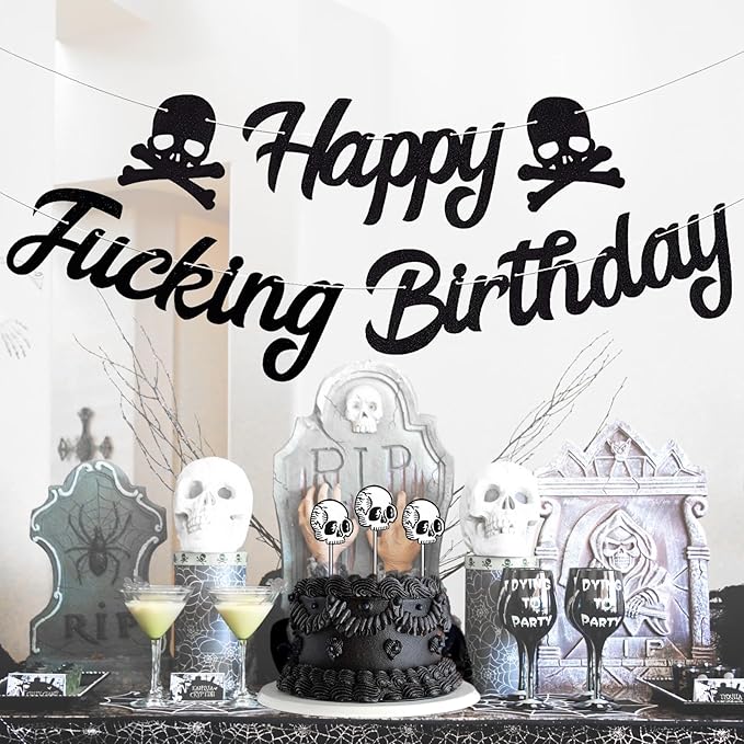 Gothic Happy Birthday Banner Decorations Funny Black Bunting Banner Skull Sign Theme Party Decor Adult Birthday for Decorations Supplies