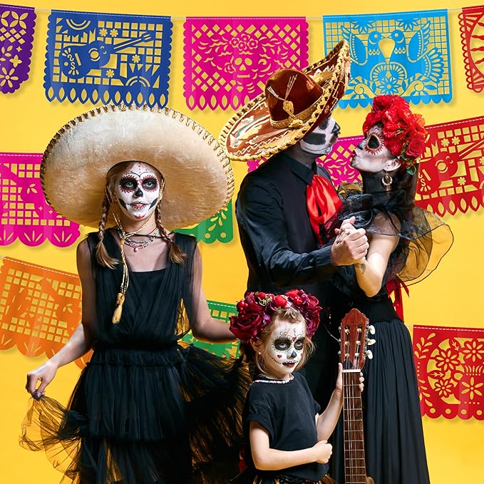 6 PCS Cinco De Mayo Banner, 110FT Colorful Fiesta Party Decorations, Plastic Hanging Papel Picado Mexican Banner for Dia De Los Muertos Decorations Day of Dead Altar Kit Fiesta Decor Party Favor
