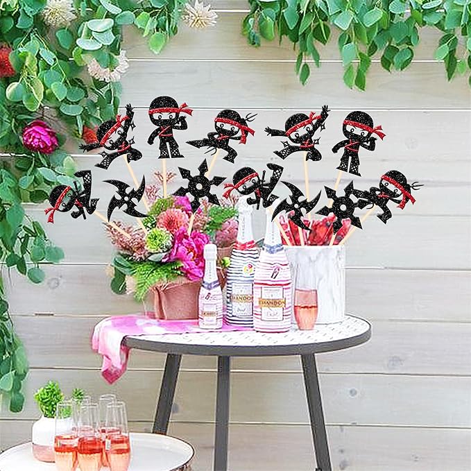12 PCS Ninja Centerpiece Sticks Double Sided Darts Martial Arts Karate Kung Fu Warriors Table Flower Centerpieces for Ninja Theme Baby Shower Kids Birthday Party Flower Decorations Supplies