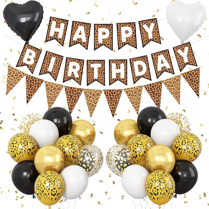 Leopard Print Happy Birthday Decorations, Gold Cheetah Print Animal Balloons Black White and Heart Balloons with Birthday Banner for Safari Wild Birthday Baby Shower Jungle Zoo Theme Party Supplies
