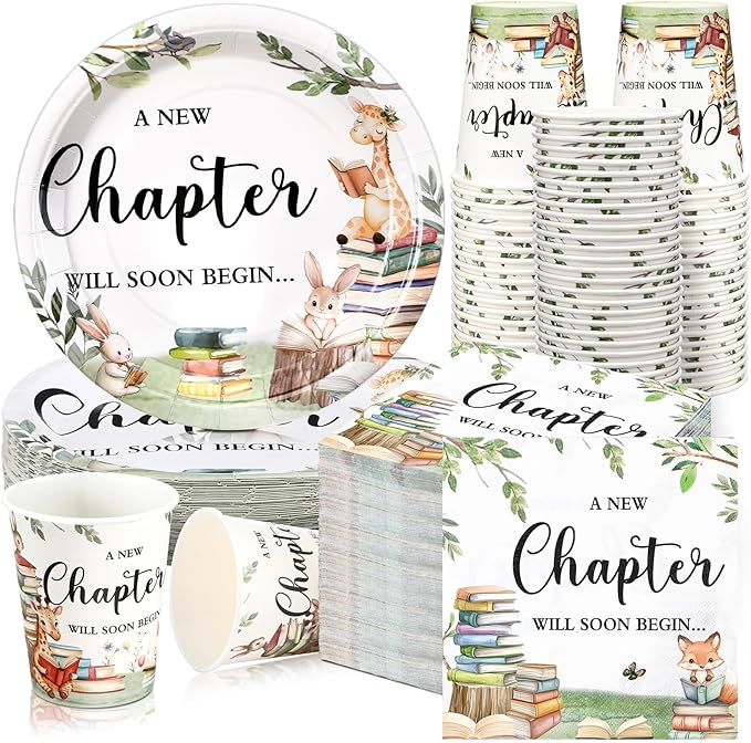 Hushee 200 Pcs Storybook Baby Shower Decorations Supplies A New Chapter Will Soon Begin Book Baby Shower Paper Plates Napkins Cups Library Reading Book Club Tableware Set for 50 Guest