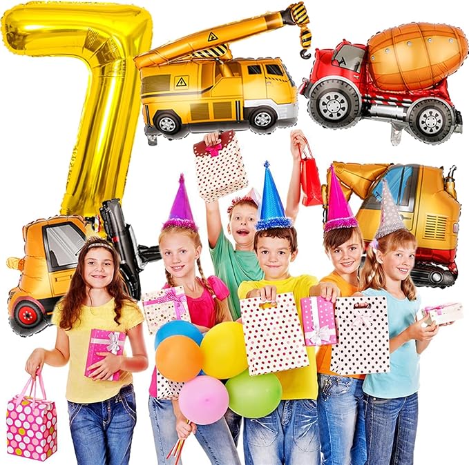 Large Gold Number 6 Balloons, Construction Truck Foil Balloons for Boys 7th Birthday Party Decorations