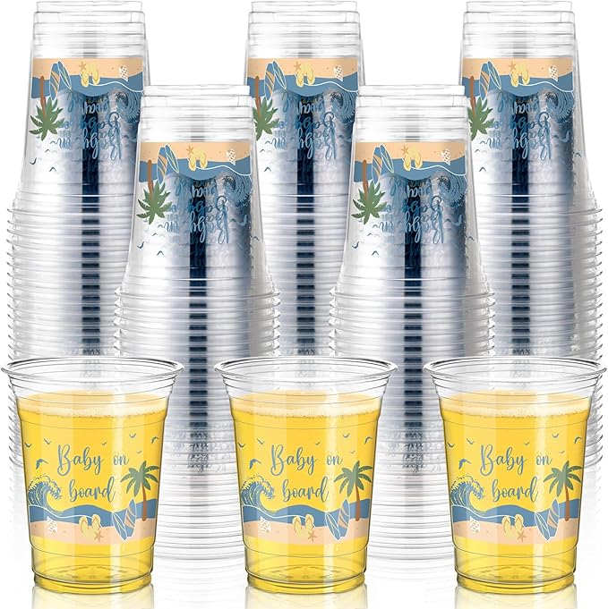 Qinyoung 50 Pcs 16 oz Surfboard Cups for Baby on Board Theme Baby Shower Decorations Summer Beach Party Supplies Plastic Disposable Drinking Cups Summer Birthday Party Supplies