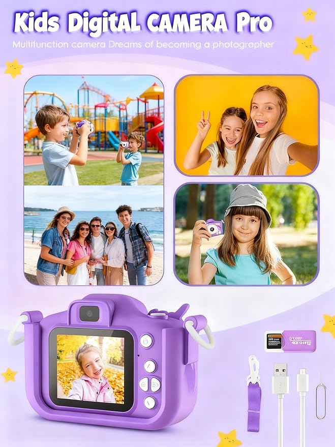 Kids Digital Camera Toy for Boys and Girls Aged 3-12, Unicorn 1080P Children's Camera, Christmas Birthday Gift, Toddler Digital Video Camera for Girls with 32GB SD Card/Reader (Purple)