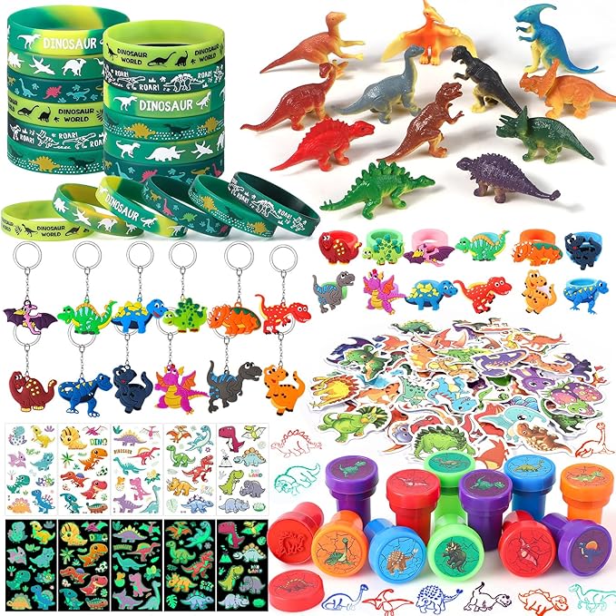 Winrayk 132Pcs Dinosaur Party Favors Dino Birthday Supplies Kids, Mini Dinosaur Figure Bracelet Stamper Glow Sticker Keychain Ring Cartoon Sticker, Pinata Filler Goodie Bag Stuffer Dino Party Favors
