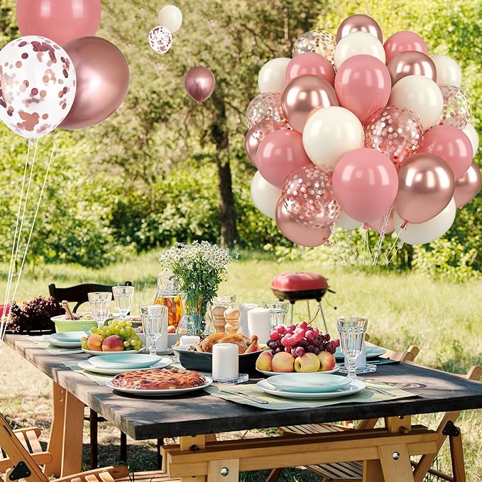 Paready Dusty Pink Balloons, 50 Pcs Retro Blush Pink White Balloons, 12 Inch Metallic Confetti Rose Gold Balloons Helium with Ribbon for Girls Wedding Bridal Baby Shower Birthday Party Decorations