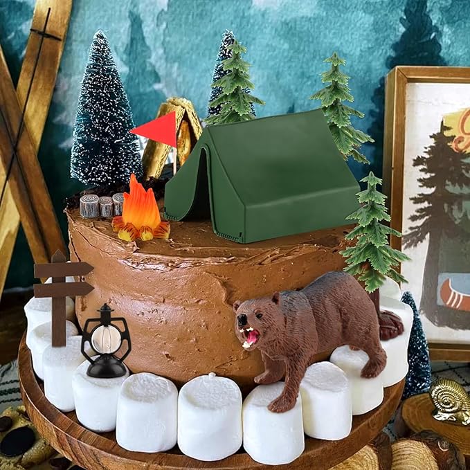 Hooqict Camping Cake Decorations with Mini Tent, Campfire, Tree, Camp Sign, Animal Camping Cake Toppers & Cupcake Toppers for Forest Camp Themed Birthday Party Decorations Supplies