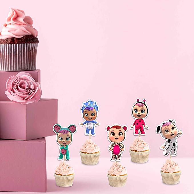 "Cri Babes Cupcake Topper – Cute Cartoon Baby Doll Theme Birthday Party Cupcake Picks – Adorable Cupcake Decorations for Birthday Celebrations, Baby Showers, and Themed Party Dessert Tables"