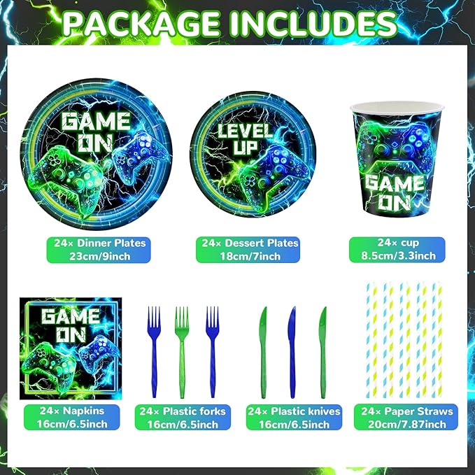 168PCS Video Game Birthday Party Decorations Blue Video Game Level Birthday Plates and Napkins Tableware Sets for Gamer Gaming Party Favors Serves 24