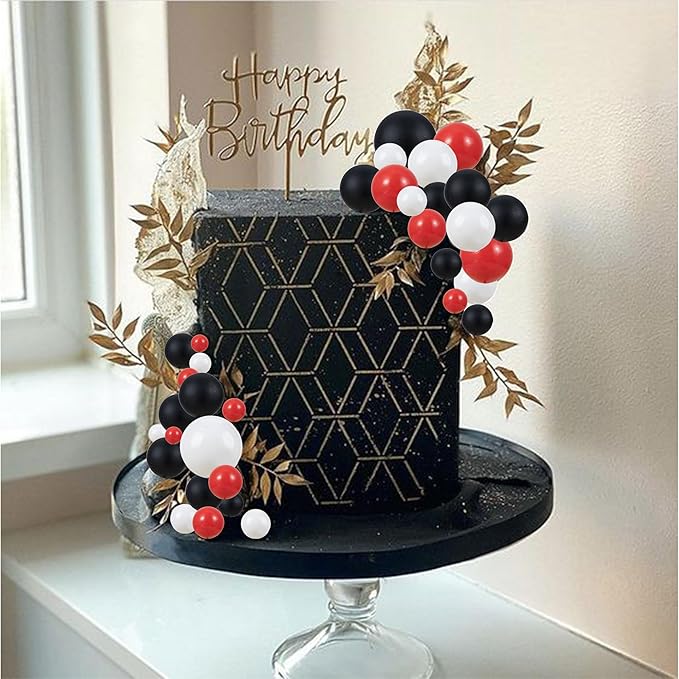 Gyufise 30Pcs Ball Cake Topper Decorations Mini Balloons Cake Topper Sticks Foam Balls Cake Picks Decorations Cake Decorations for Wedding Party Birthday Decorating Red Black White