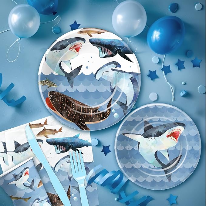Shark Birthday Plates And Napkins Party Supplies - Ocean Under The Sea Shark Birthday Decorations Tableware, Paper Plate, Cup, Napkin, Disposable Fork, Serves 24
