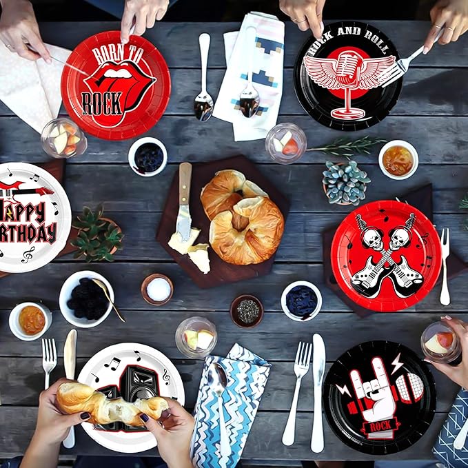 Grencian 60 Pcs Rock Theme Party Paper Plates for Music Birthday 9” 1950's Record Party Decorations Disposable Guitar Dessert Cake Tableware for Halloween Kids Baby Shower 50s 60s Theme Parties
