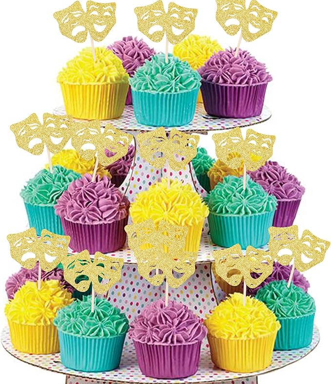 24 PCS Theatrical Mask Cupcake Toppers Gold Glitter Comedy Movie Night Cupcake Picks Film Festival Theme Birthday Party Cake Decorations Supplies