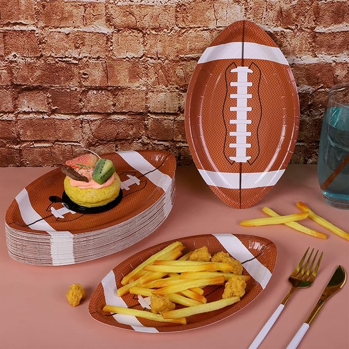 ADXCO 50-Piece Football Shaped Paper Plates - Football Party Supplies for Sports Game Birthday Decoration, 9.4 x 5.9 Inch