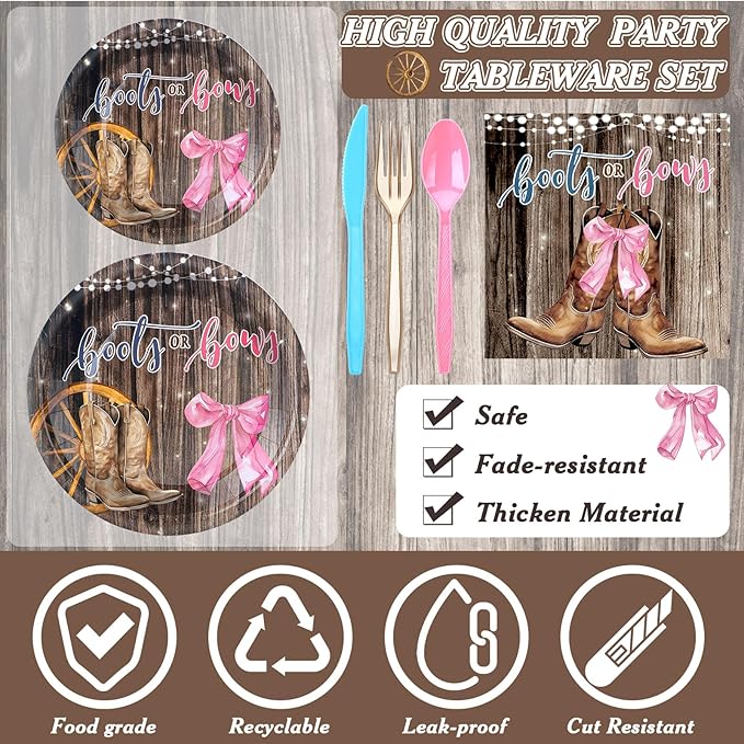 168 Pcs Boots Bows Gender Reveal Birthday Party Supplies Boy or Girl Birthday Party Decorations, Cowboy Boots Pink Bows for Baby Shower Decorations