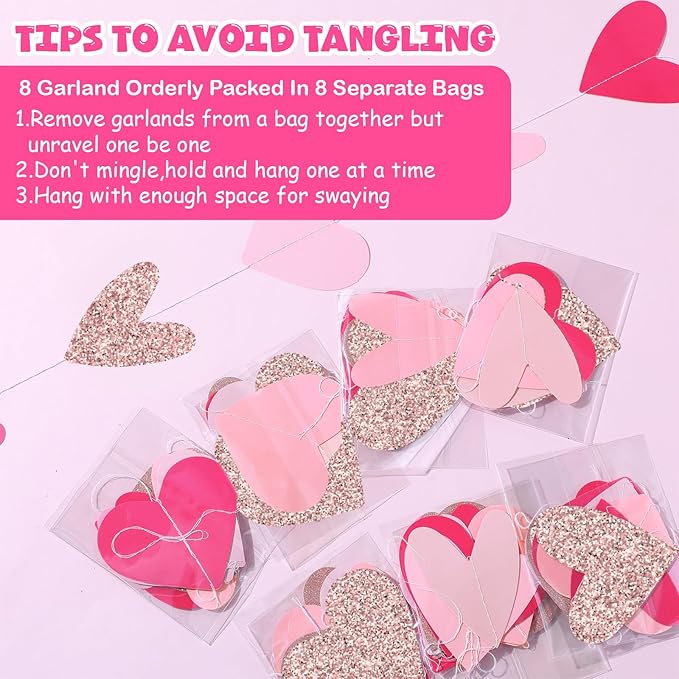 Capoda 8 Pcs Valentine's Day Garland Decorations Rose Gold Pink Burgundy Heart Garland Banners Glittery Valentines Hanging Decor for Sweet Day Birthday Wedding Anniversary Party Supplies