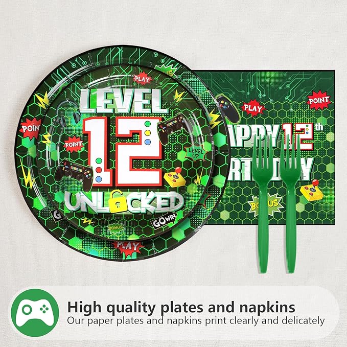 Grencian 96Pcs 12th Green Game Party Supplies Video Birthday Paper Plates and Napkins Tableware Sets Level Unlocked Game Themed Decorations for Kids Gaming Boys 12 Year Old Party Favors Serves 24