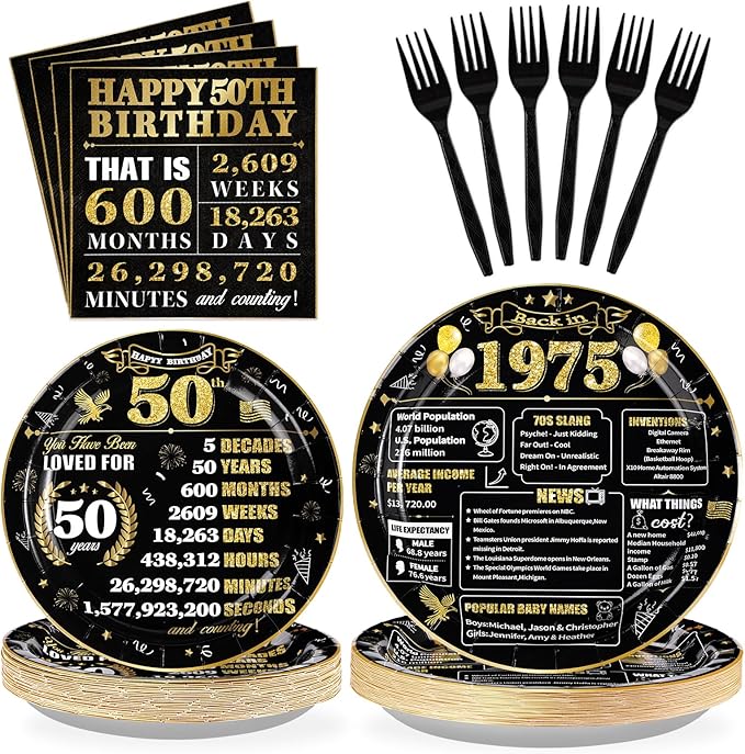 Grencian 96 Pcs 50th Birthday Plates and Napkins Tableware Set Disposable Black and Gold Back in 1975 50th Birthday Decorations for Men Vintage 50 Years Anniversary 1975 birthday Decorations Serves 24
