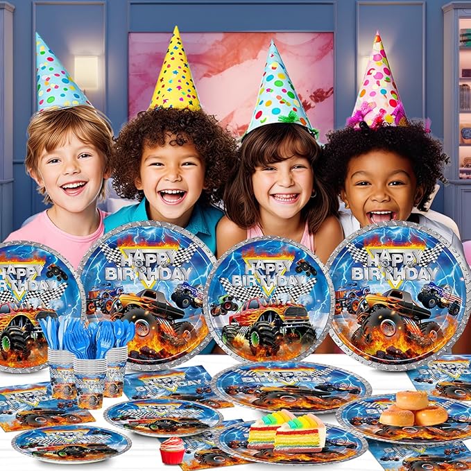 168pcs Monster Truck Party Decorations Plates Napkins Disposable Paper Cups Monster Car Tableware Set Birthday Party Supplies for Kids Boys 1st 2nd 3rd Birthday Decor Serves 24 Guests