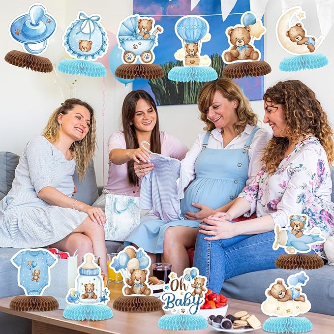 Tarklanda 12 Pcs Bear Baby Shower Honeycomb Centerpieces 3D Table Toppers Teddy Bear Themed Honeycomb Decoration for Birthday Wedding Gender Neutral Party Supplies (Blue Bear)
