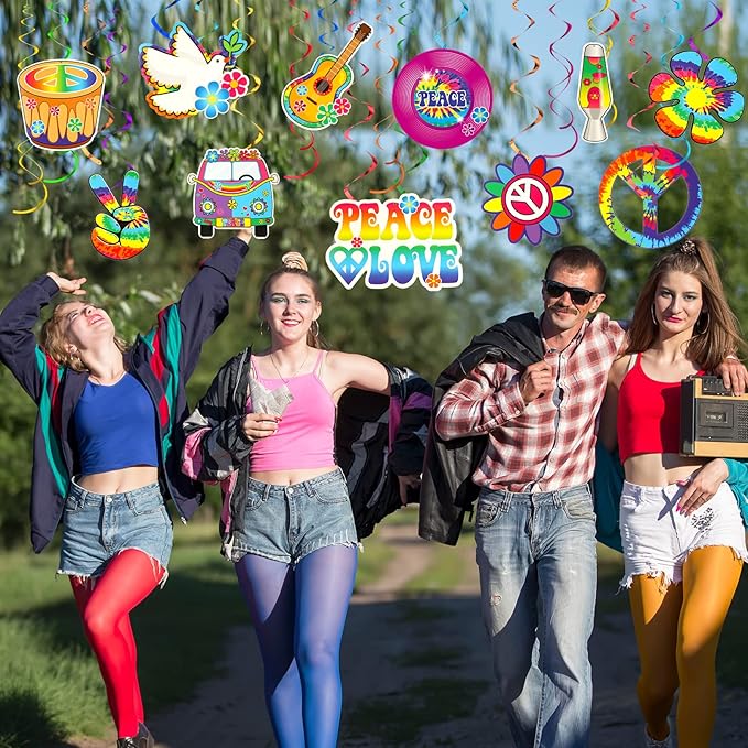 60s 70s Hippie Party Decorations Foil Swirl Decorations, 60s 70s Peace Out Sign Groovy Retro Party Retro Flower Cutouts Peace Sign Hanging Swirls Ceiling for Hippie Groovy Birthday, 30 Count(Novel)