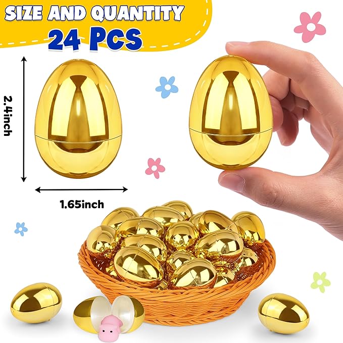 24 Pack Gold Easter Eggs, 2.4 Inch Metallic Plastic Empty Golden Eggs Fillable for Easter Eggs Hunt, Easter Basket Stuffers Fillers, Classroom Prize Supplies, Filling Treats and Party Favors