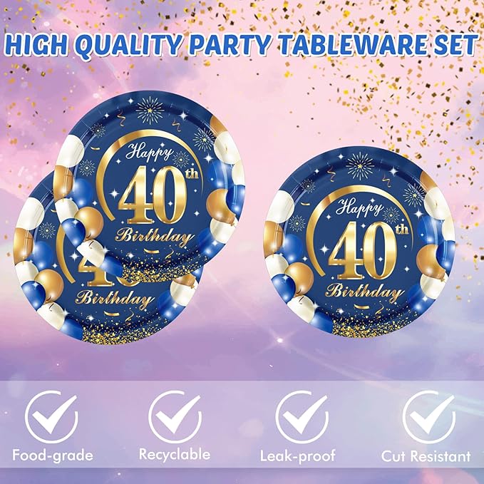 40PCS Happy 40th Birthday Decorations Navy Blue and Gold Theme Party for 40 Years Old Party Decorations Include Plates Napkins For Men Boys Girls Women