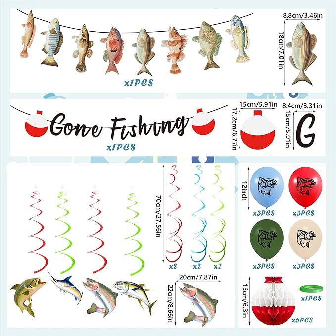 Gone Fishing Party Decorations Kit Include Hanging Banner Swirl Balloons (Gone Fishing)