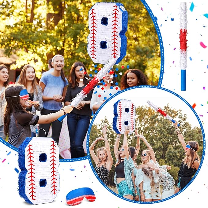 HyDren Baseball Piñata Baseball Party Decorations Number Piñata with Bat, Blindfold and Confetti, 16 Inch Sports Themed Birthday Party Supplies for Celebration Events(Number 8)