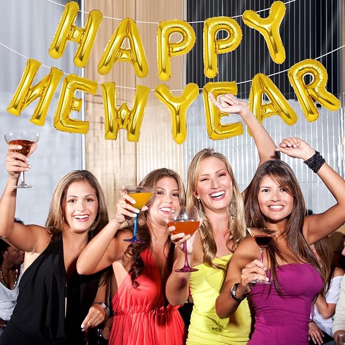 Gold Happy New Year Balloons, 16 Inch Gold Happy New Year Banner Decorations 2024, NYE Decorations 2024 Backdrop Eve Party Supplies
