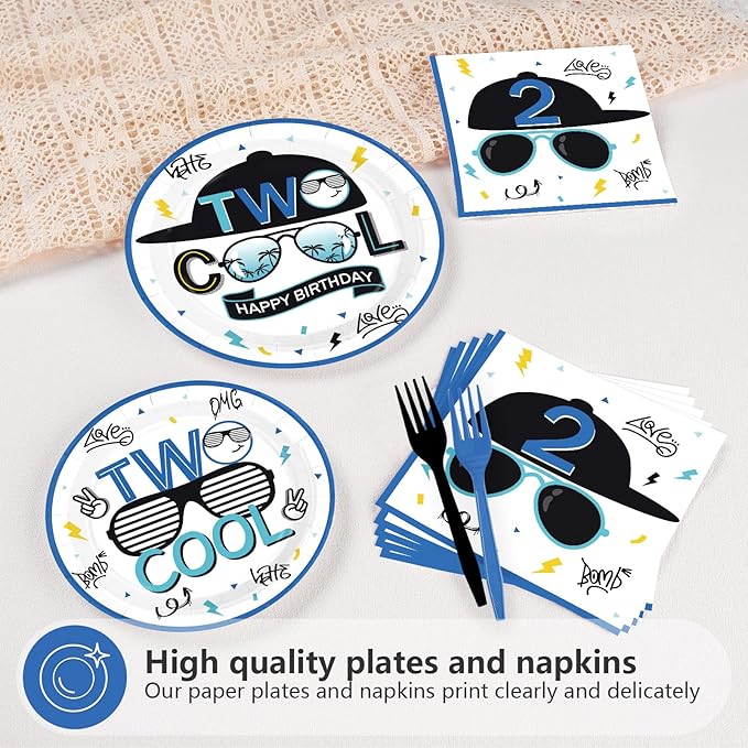 96Pcs Two Cool Birthday Party Decorations Blue 2nd Birthday Plates and Napkins Palm Frond Sunglasses Disposable Paper Tableware Set for Boys 2 Year Old Party Supplies Serves 24