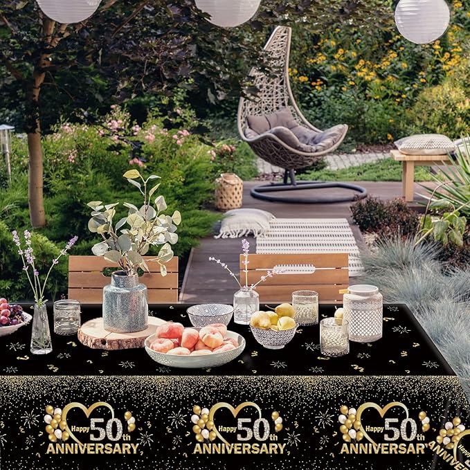 3pcs Happy 50th Anniversary Tablecloths Black Gold Table Covers 50th Wedding Anniversary Party Supplies for Parents Cheer to 50 Years Party Decorations and Plastic Disposable Favors,108*54 inch