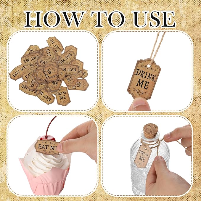 48 Pcs Wonderland Tea Party Decoration Wonderland Cup and Cake Tags Drink Me Eat Me Tea Party Favor Labels for Birthday Baby Shower Parties Supplies