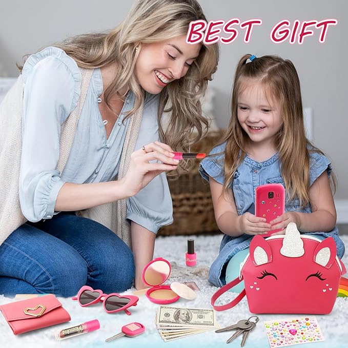 Toddler Purse for Little Girls 3-5 with Pretend Makeup Kit | Unicorn Kids Purse Accessories Play Fake Make up Set | Birthday Gifts for 4-6 Year Old Princess Toys