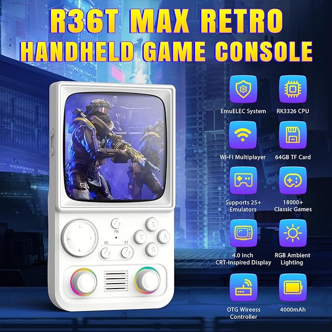 R36TMAX Upgraded Retro Handheld Game Console with 4000mAh Battery, 4.0'' IPS Screen, Retro Gaming Console with Portable Case, Supports WiFi Networked Fighting and OTG (Classic White)