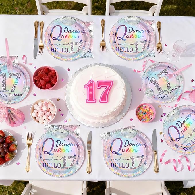 96Pcs 17th Birthday Party Decorations for Girls Dancing Queen Plates and Napkins Iridescence Silver Pink 17th Tableware for Girls Dancing Queen Seventeen Birthday Party Decorations Serve 24